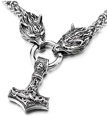 COOLSTEELANDBEYOND Cadena Bizantina Collar Vintage Cabeza de Lobo Anillo Thors Hammer Martillo Nudo Celta Irlandesa, Hombre, Acero