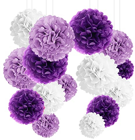 YBwanli Decorazione Festa Tema Viola，24 Pompon di Carta velina，Fiori di Carta Pompon，Adatto per Feste di Compleanno，Matrimoni，Regali，Decorazione，Decorazione Fotografica(Viola Chiaro,Viola,Bianco)
