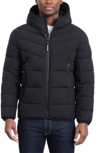 Calvin Klein Men's Winter Coat - Puffer Stretch Jacket With Sherpa Hood, Ebony, Medium