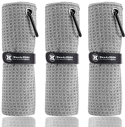 Handy Picks Mikrofaser-Golf-Handtuch (40,6 x 40,6 cm) mit Karabiner-Clip, Waffelmuster, Golf-Handtuch, Klettverschluss – das praktische Golf-Reinigungstuch, Grau