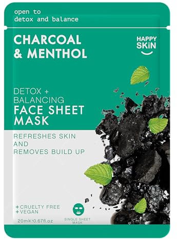 Happy Skin Charcoal & Menthol Face Sheet Masks (Pack of 5) | Detoxifying, Deep Cleansing, Hydrating & Balancing | Vegan, Cruelty-Free, No Parabens | For All Skin Types | 20ml