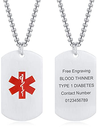 VNOX SOS Notfallkette Edelstahl Erkennungsmarke Gravur Damen Herren | Personalisierte Notfall ID Kette mit Gravur für Name, Allergien, Medikamente, Blutgruppe und ICE Kontakt