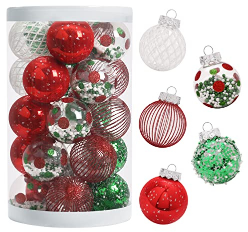 JIALEIXI 25PCS Christmas Ornaments Set, 2.36/6CM Assorted Clear Plastic Shatterproof Ball Hanging Ornaments for Xmas Tree Decorations, for Indoor Home Holiday Decor - Red/Green/White.