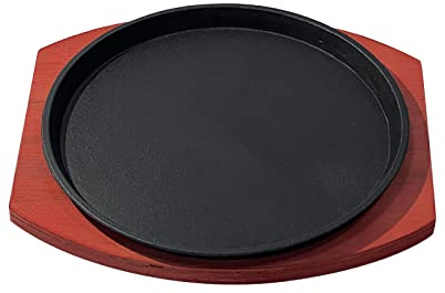 perfk Piatto da Bistecca in Ghisa con Base in Legno/Padella Rotonda per Grigliate di Pesce Sfrigolante di Carne di Dimensioni Personali/per La Cucina Uso Do, 23 cm