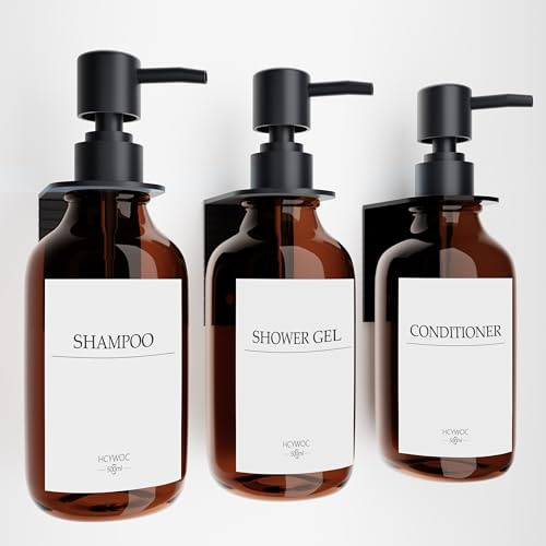 HCYWOC Dispensador Jabon Baño Pared, 3 Piezas Dispensador de Jabon, Sin Taladrar 500ml Dispensador Gel y Champu Ducha con 16 Etiquetas Impermeables para Cocina y Baño, Ámbar
