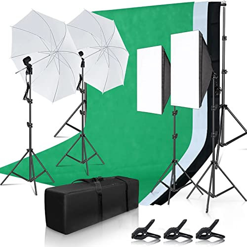 Andoer Kit de studio photo - Système de support de fond de 1,6 m x 3 m - Avec boîte à lumière de 50 x 70 cm - Ampoule 45 W - Parapluie de photographie de 33 - Trépied de 2 m - Sac de transport pour
