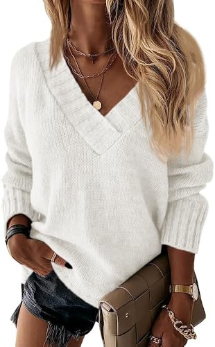 Wenrine Damen Pullover Winter Langarm V-Ausschnitt Strickpullover Sexy Lose Einfarbig(Weiß,XL)