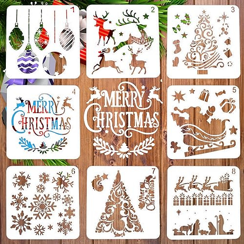 8 pezzi Set di stencil per Natale Xmas Stencils, LYPER stencil da disegno in plastica, stencil di Babbo Natale, albero di Natale, fiocchi di neve, campane e renna per decorazioni natalizie fai da te