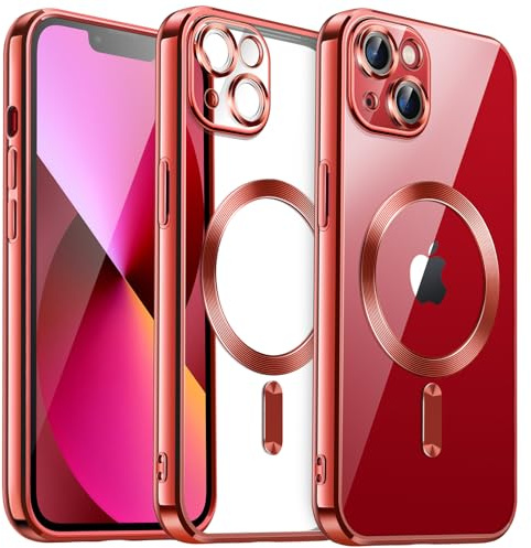 JETech Weiche Klar Hülle für iPhone 13 6,1 Zoll, Kameraschutz Vollständiger, Kompatibel mit MagSafe Kabellosem Laden, Stoßfest Elektroplattiert TPU Handyhülle (Hellrot)