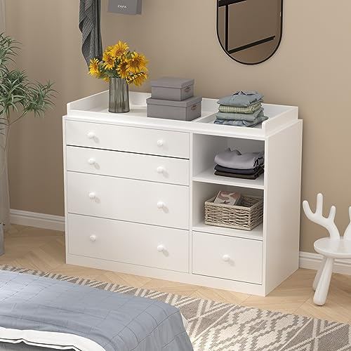 Mueble cambiador con 5 cajones, cómoda con 2 espacios abiertos, mueble cambiador para habitación de bebé, dormitorio blanco 120 * 50 * 91,5cm