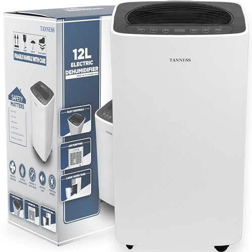 Tanness 12L Dehumidifier for Home with Digital Humidity Display, Sleep Mode, Continuous Drainage - Perfect for Drying Clothes, Bedroom, Basement, 24H Timer, Quiet Operation
