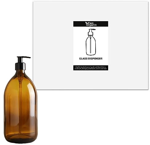 Fam Organic 1000ml / 35oz Amber Glass Soap Dispenser (Pack of 1) – BPA-Free Refillable Brown Glass Bottles with Black Pump – For Bathroom & Kitchen Hand Soap, Dish Soap, Lotion, Shampoo & Conditioner
