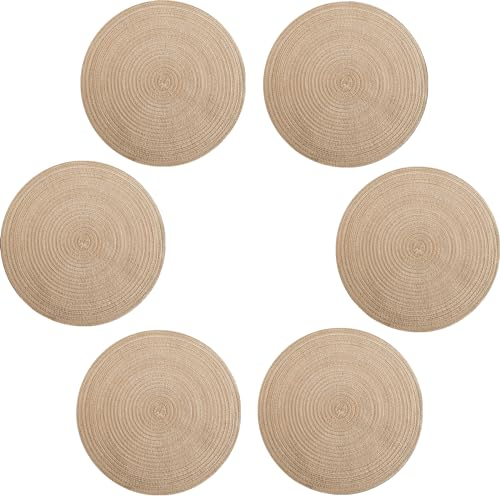 VEIZIBEE Tovagliette Lavabili Rotonde，Tovagliette intrecciati a mano，Antiscivolo，interni，Set di 6 Tovaglietta Colazione in tessuto intrecciato per cucina stile in europeo (Beige, 38cm)