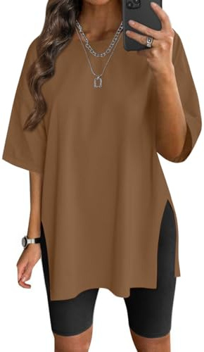 VNIRA Oversized T Shirt for Women Losse Fit Cotton Short Sleeve Workout Top Summer Casual Blouse Basic Split Hem Tee Tops Brown
