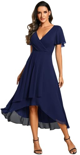 Ever-Pretty Abito da Ospite Scollo A V Maniche A Volant Gonna A Trapezio Abiti Cerimonia Donna Eleganti Blu Navy 52