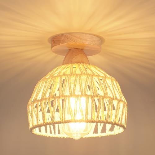 iDEGU Vintage Deckenleuchte Ø20cm Kronleuchter aus Holz Rattan Lampenschirm Industrielle Deckenlampe Retro E27 Beleuchtung Dekoration für Schlafzimmer, Wohnzimmer, Flur, Bar, Restaurant (Cremeweiß)