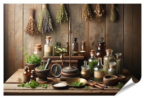 islandburner XXL Bild Poster Rustikales Apotheker-Setup Vintage-Flair Holzhintergrund Querformat Premium Bilder Fotodruck
