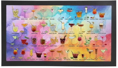 Colourful Cocktails Bar Mat - Black Non-Slip Table Runner Barware/Pub/Cafe Service Mat - 44x25cm - Gifts for Cocktail/Mocktail Lovers