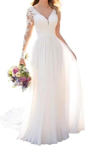 YIANN Vestido de novia de manga larga en encaje con cuello en V y elegante muselina de seda, blanco, 40