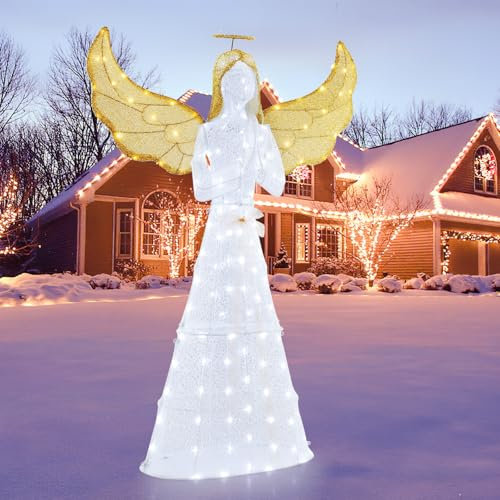 GYMAX 155cm beleuchteter Weihnachtsengel, großer Weihnachtsfigur mit 150 warmweißen LED-Lichtern, Heiligenschein & Flügeln, vorbeleuchtete Weihnachtsdeko für außen & innen