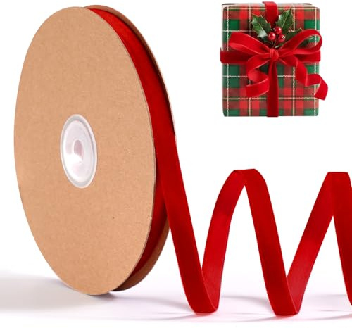 Cinta de terciopelo rojo de 9,5 mm x 22,86 m, cinta de terciopelo rojo FAKILO perfecta para árbol de Navidad, corona, envoltorio de regalo, lazos, ramo de flores, decoración del hogar para bodas