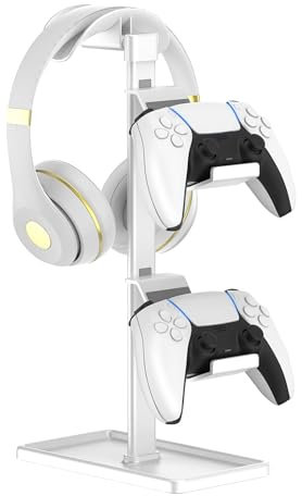 Support Manette, Support Casque, Gamer Porte Manette pour Xbox PS5 PS4 Switch, Headset Stand avec Organisateur de Rangement, Accessoire Bureau Gaming (Blanc)