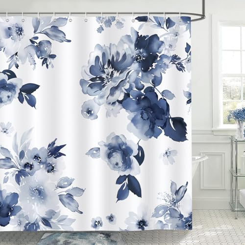 Bonhause marinblått blommigt duschdraperi, akvarellblomma modernt badrumsdraperi 180 x 180 cm vattentätt mögel- och mögelbeständigt polyestertyg duschdraperi med 12 krokar