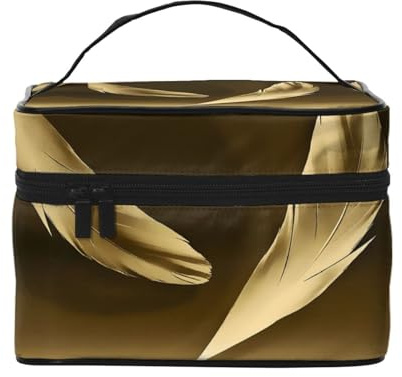 ESNAIUVCD Kulturbeutel mit goldenen Federn, groß, Kosmetiktasche, Reise-Make-up-Tasche, Organizer für Damen, Schwarz , Einheitsgröße, Kosmetikkoffer