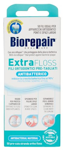 Biorepair, Extra Floss, Fili Ortodontici Pre-Tagliati, 50 Pezzi, Filo Interdentale Antibatterico, Protezione Attiva, Inibisce la Crescita Batterica Fino al 90%, Confezioni 100% Riciclabili