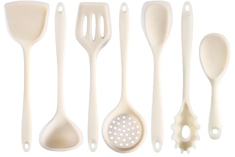 Jrifedptry Set di utensili da cucina in silicone antiaderente, 7 pezzi, per cucinare e cuocere pentole, spatole, utensili da cucina multifunzionali, colore bianco