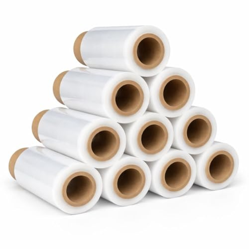 Lot de 10 mini films étirables, transparents, étirables à la main, en rouleau, pour emballage, déménagement - Rouleau de film étirable à la main - 150 m de long et 10 cm de large