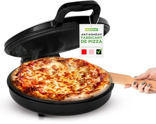 NutriChef Four à Pizza Électrique 1500W - Appareil de Cuisson Antiadhésif Ø30 cm - Prépare Pizzas Maison, Œufs, Tartines & Plus - Compact, Poignées Froides, Température 80-200°C - Noir
