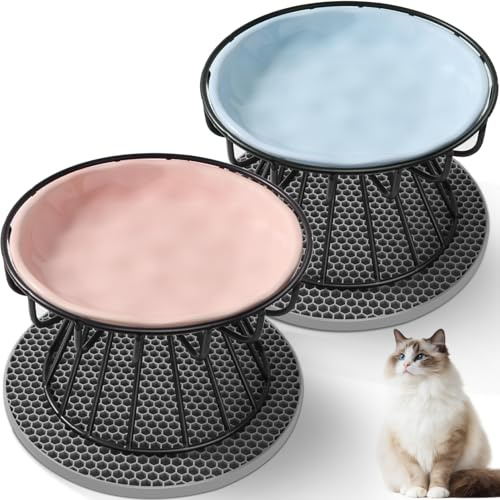 Vikcvcsc Set de 2 Comederos Gato Elevado, Comedero Gatos con Soporte y Alfombrilla Antideslizante, Comedero Gato Ceramica, Pet Cat Tazones Perro Pequeño - Azul +Rosa