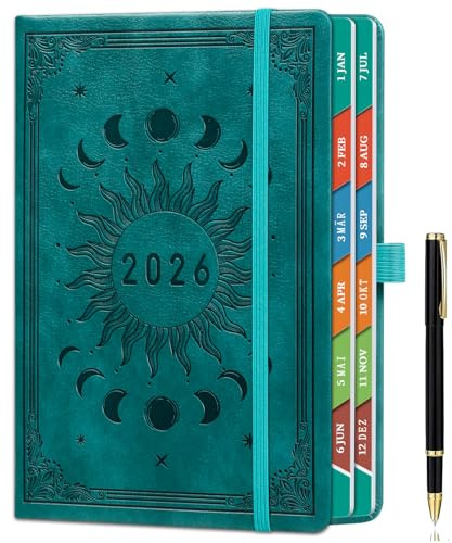 Kalender 2026 A5 (21,5 x 15 cm) Tagesplaner – auf Deutsch, 1 Tag 1 Seite Terminplaner, Januar bis Dezember 2026, mit Bunten Monatsregistern, farbenfrohen Innenseiten, Innentasche & Stift - Seegrün