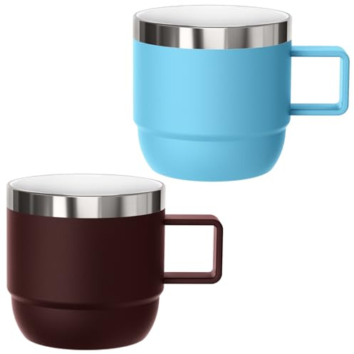 Cafezi 6 oz Small Espresso Mug with Handle, Ceramic-Lined 18/8 Stainless Steel, Double-Wall Vacuum Insulated, Stackable, Dishwasher Safe, for Cortado & Flat White, 2 Pack, Wine Red & Blue