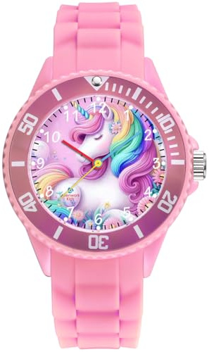 Alienwork Unicorno Ragazza Orologio di Apprendimento Bambini Ragazze Pink Bracciale in Silicone Multicolore bambini Impermeabile 5 ATM Tempo di Apprendimento