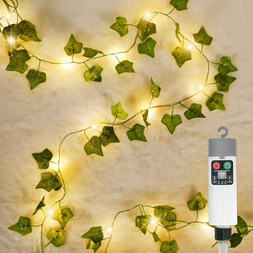 Bowfar Lichterkette Efeu Künstlich, 8 Modi Efeu Girlande Lichterkette Innen Aufladbare Batterie mit 20 LED Licht, 2M Fake Efeu Lichterkette Blätter Frühling Pflanzen Deko für Hochzeit Party Zimmer