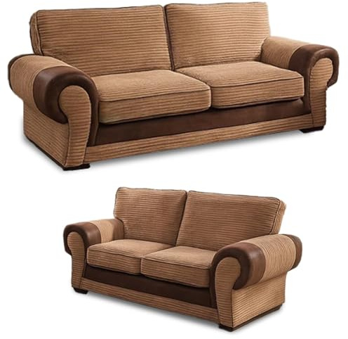 3+2 Seater Sofa Set - Jumbo Cord High Back Cushion Sofas - Comfortable 2 Seater & 3 Seater Living Room Sofa Suite - Dual Arm Corner Lounge Furniture (Beige, 3+2 Seater Set)