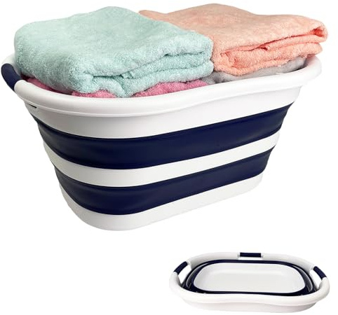 SAMMART Cesto plegable de plástico para la colada de 40 l, contenedor de almacenamiento plegable y organizador, bandeja de lavado portátil, cesta para ahorrar espacio (1, blanco/azul estrellado)