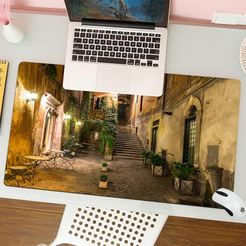 QRFASFZO Großer Mauspad - 80x30cm Gaming-Mauspad mit genähten Kanten, Nicht rutschender Unterlage,EIN mit Efeu bewachsener, von Laternen beleuchteter Kiesweg mit Sitzgelege,Schreibtischmatte und Maus