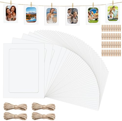 40Stück Fotogirlande,Papier Bilderrahmen mit Schnur,Fotoleine mit Klammern | 11.5x15.5 cm Weiß Fotogirlande zum Aufhängen von Bildern für Geburtstage Hochzeiten Wanddekoration Party DIY Dekoration