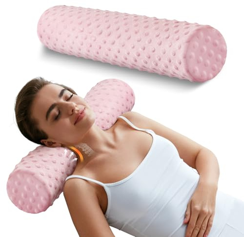 Sino Salected Memory Foam 5 Round Pillow, Cervical Neck Pillow for Pain Relief, Cylinder Pillows 18x 5, Removable Cover, Neck Roll Pillow for Sleeping, Pink Velvet Dots