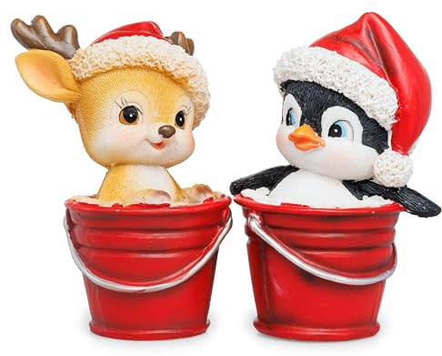 SIKORA 2er Set Dekofigur Pinguin & Rentier im Eimer Weihnachtsfigur für Weihnachten oder Winter Deko Figur für zuhause und Garten - DK36