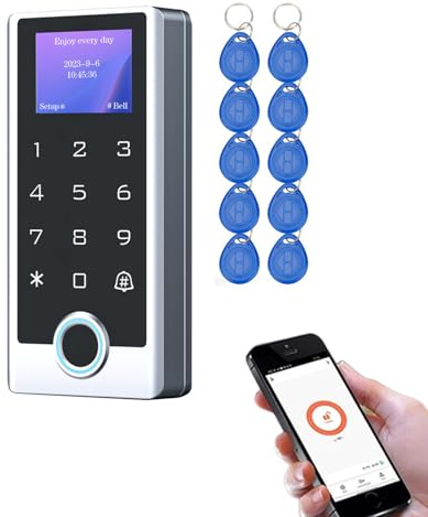 Controlador de Acceso WiFi Tuya con Huella Dactilar – Teclado Táctil Retroiluminado IP68 con Pantalla LCD, 125kHz, WG26/34, + 10 Llaveros RFID, para Viviendas, Oficinas y Alquileres de Corta Duración