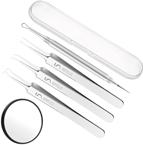 5 Pièces Tire Comédon Point Noir Extracteur, Professionnel en Acier Inoxydable, 3 Pinces, 1 D'acné Aiguille, 1 Loupe, Outil pour Points Blancs, Comédon Extractor Visage pour Enlever Boutons, Acnés