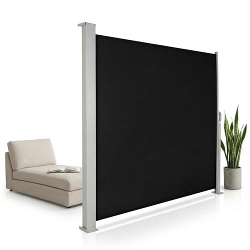 Mucola Seitenmarkise Sichtschutz Windschutz ausziehbar 160x300 cm Schwarz | Aluminium-Kassette mit Standfuß, UV-beständiges Polyester 180 g/m², einrollbar, Wandmontage, für Terrasse und Balkon