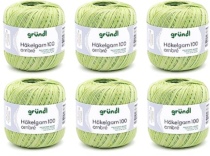 Gründl Häkelgarn 100 ombré (mercerisiertes Baumwollgarn zum Häkeln aus 100% Baumwolle, 100 g / 566 m, Nadelstärke: 1,5-2, 6 x 100 g), Pistazie