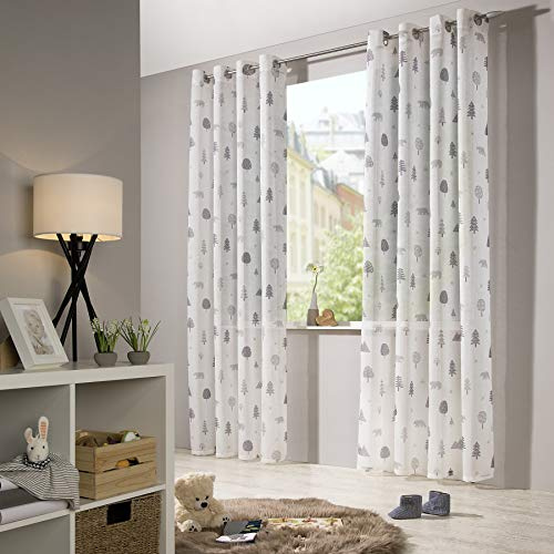 heimtexland® Niños cortina aspecto de lino transparente Natural Gris skandinavisch Bosque oso cortina infantil cortina o banda – Ökotex typ563, poliéster, blanco y gris, HxB 245x135 cm mit Ösen