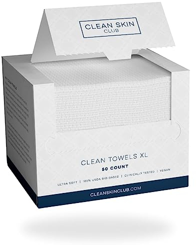 Clean Skin Club Clean Towels XL, 100% USDA Biobased Face Towel, Disposable Face Towelette, Makeup Remover Dry Wipes, Ultra Soft, 50 Ct, 1 Pack