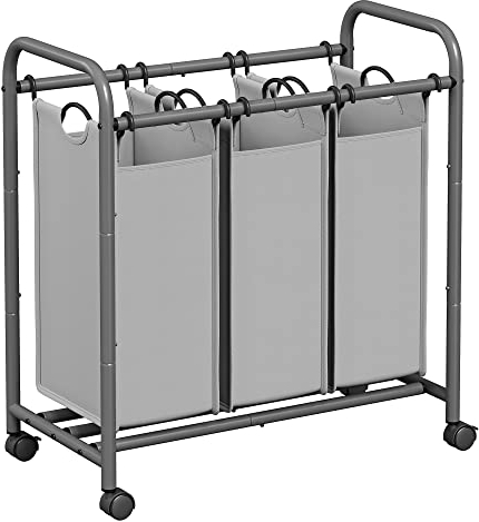 SONGMICS Wäschekorb 3 Fächer, Wäschesammler mit Rollen, Wäschesortierer, Wäsche-Sortiersystem, Wäschewagen mit Griffen, Wäschesack, abnehmbare Stofftaschen, grau LSF003GS